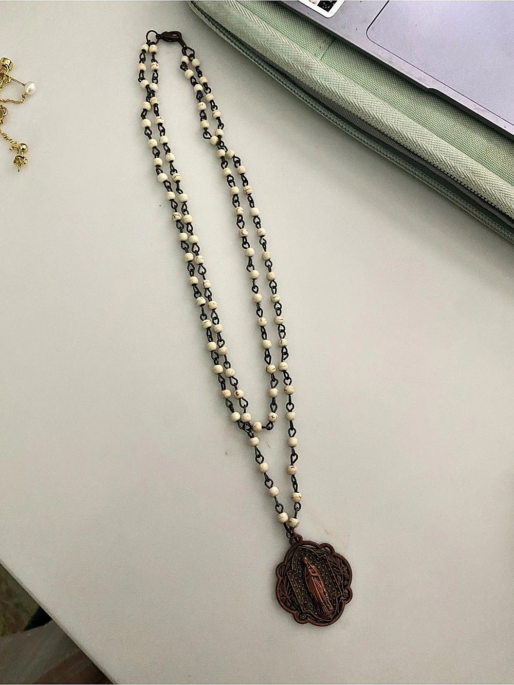 Beaded Pendant Necklace in Brown & Cream Virgin Mary Catholic Christian